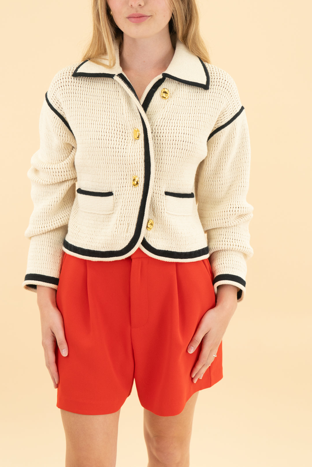 tanya taylor ivory contrast trim knit cardigan (xxs)