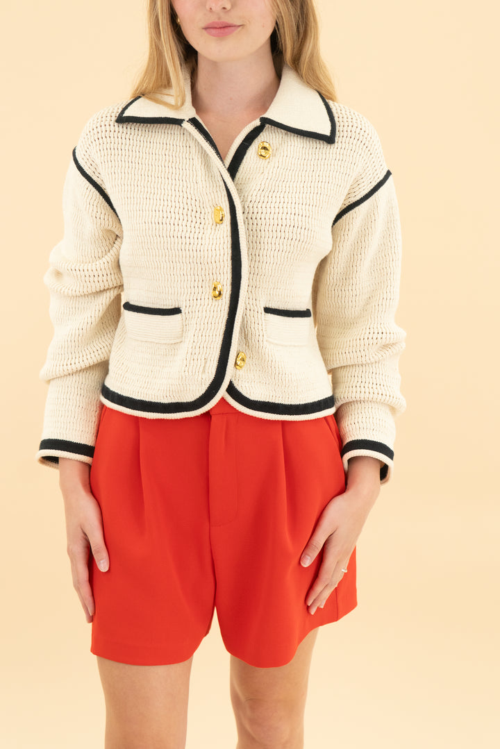 tanya taylor ivory contrast trim knit cardigan (xxs)