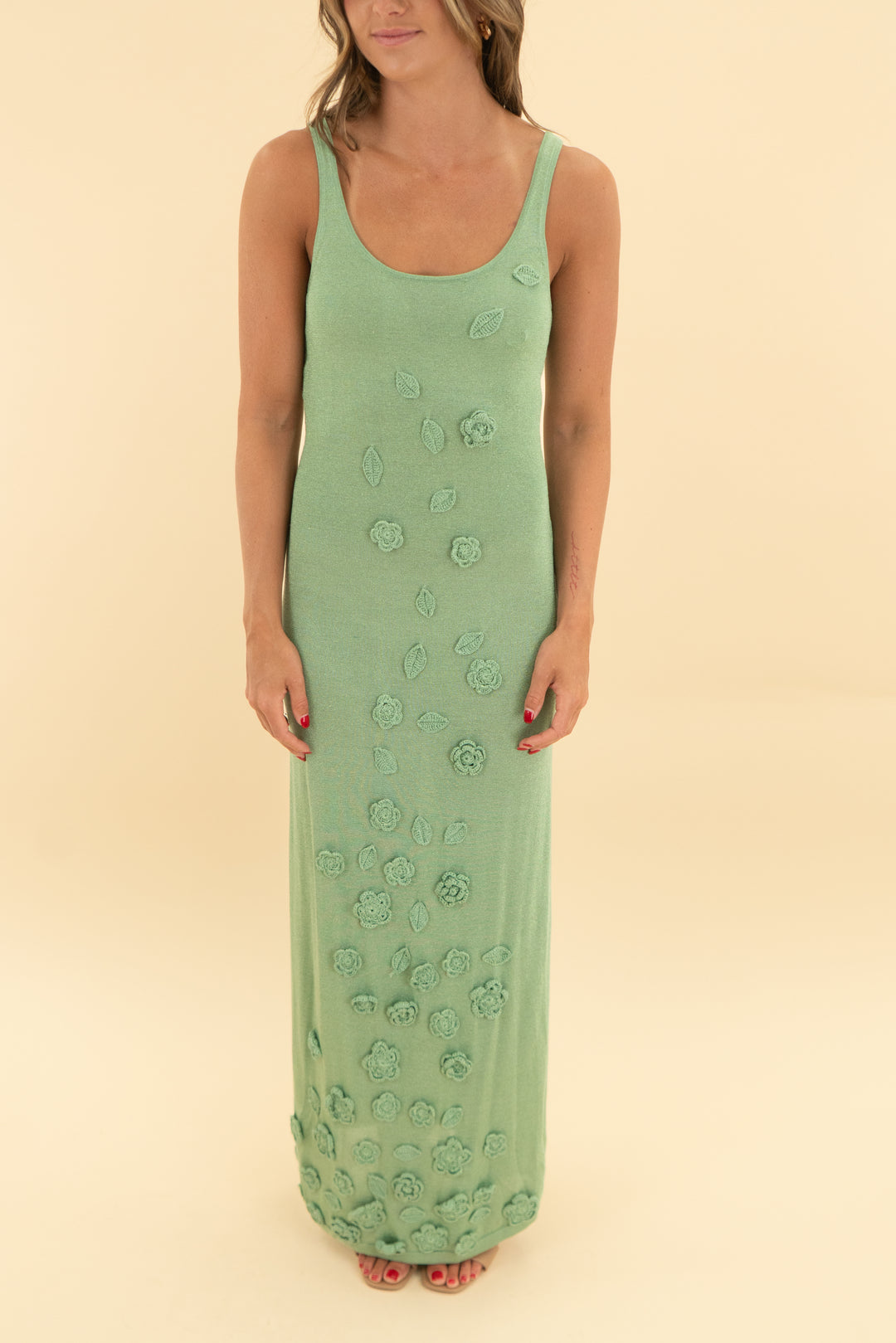 caroline constas green metallic floral applique maxi dress (s)