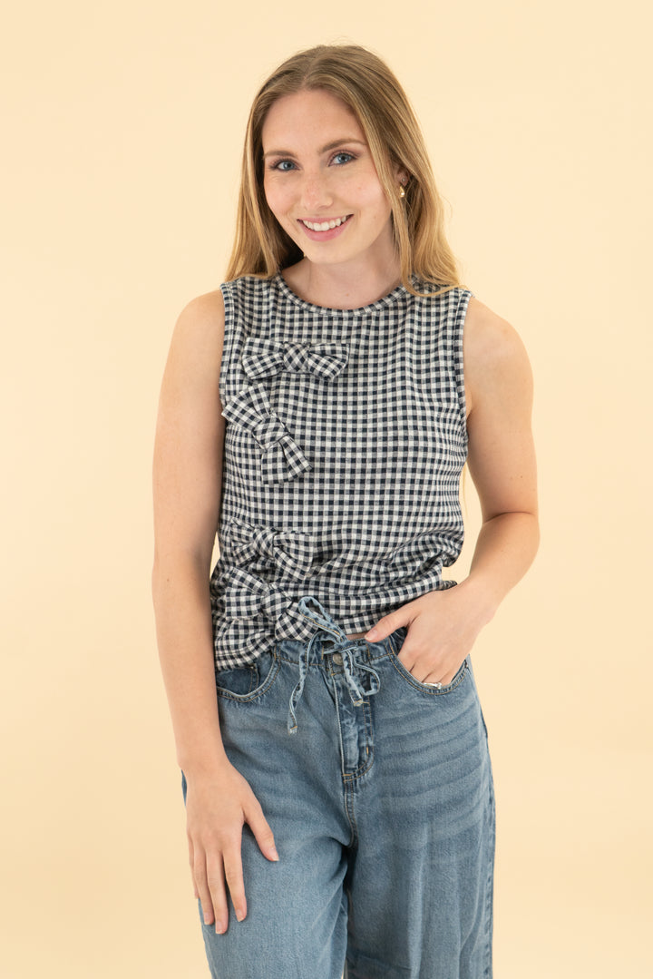 blue tassel navy gingham bow tank (xs)