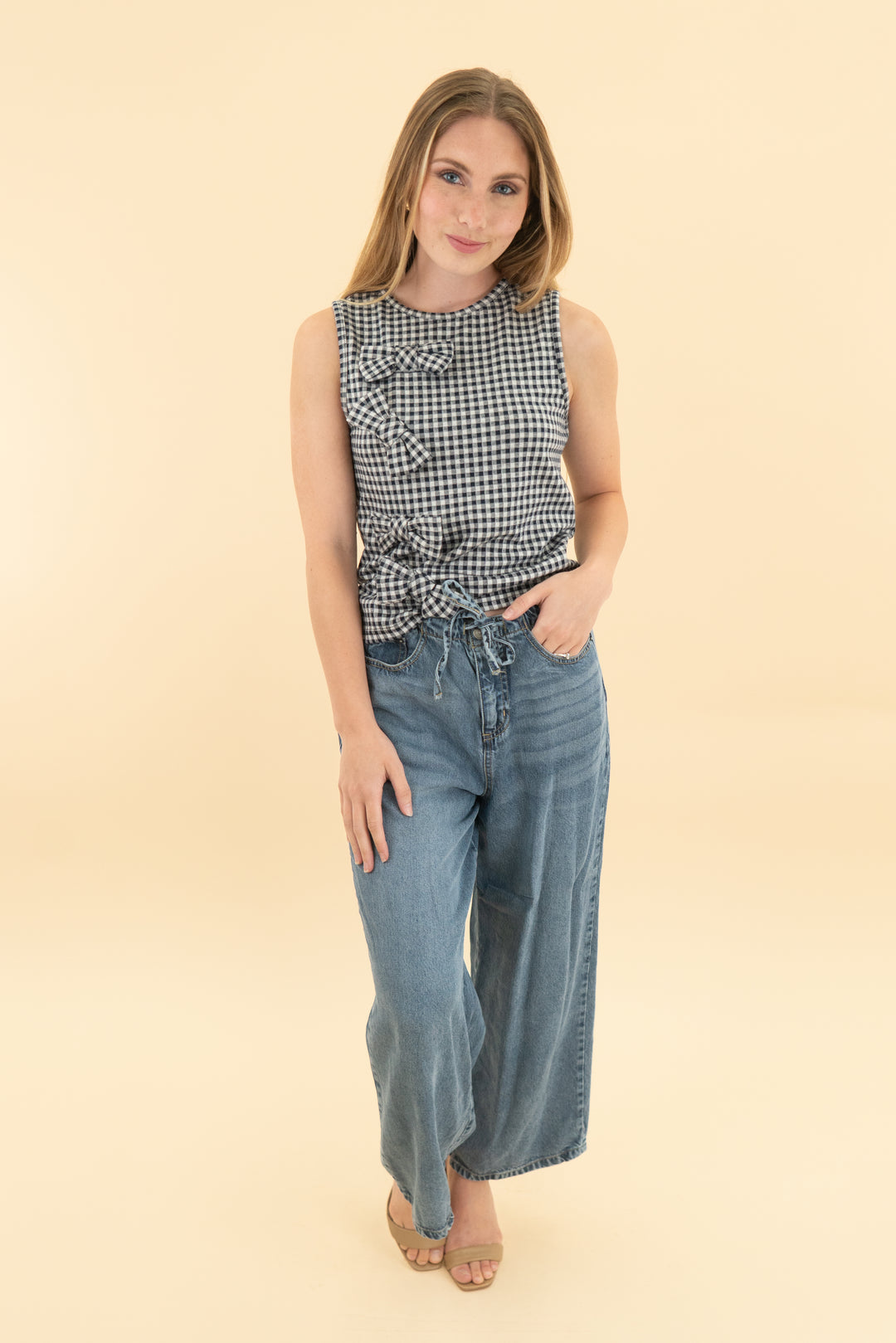 blue tassel navy gingham bow tank (xs)