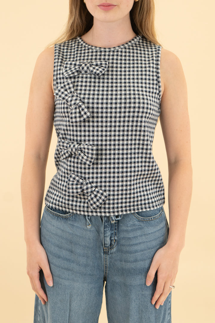 blue tassel navy gingham bow tank (xs)