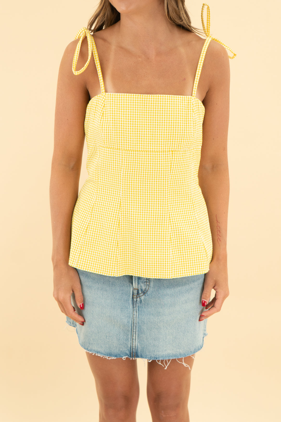 zara yellow gingham peplum tie top nwt (s; retail $79)