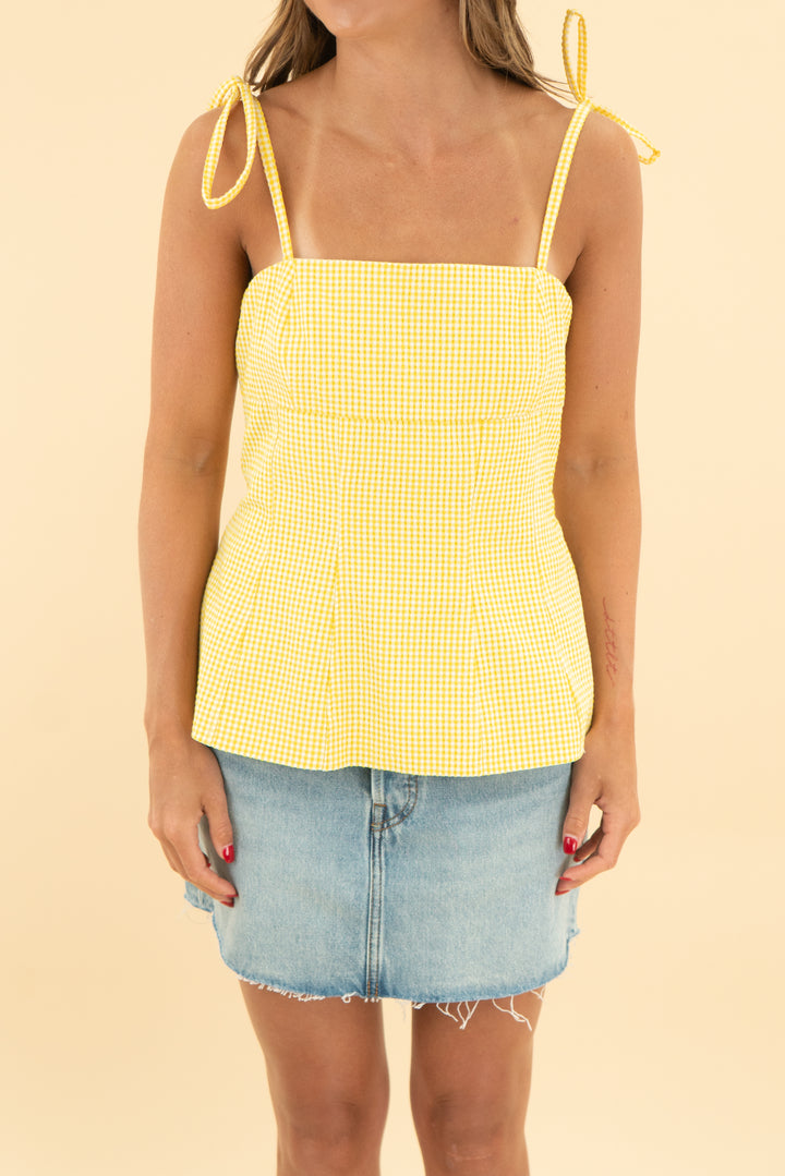 zara yellow gingham peplum tie top nwt (s; retail $79)