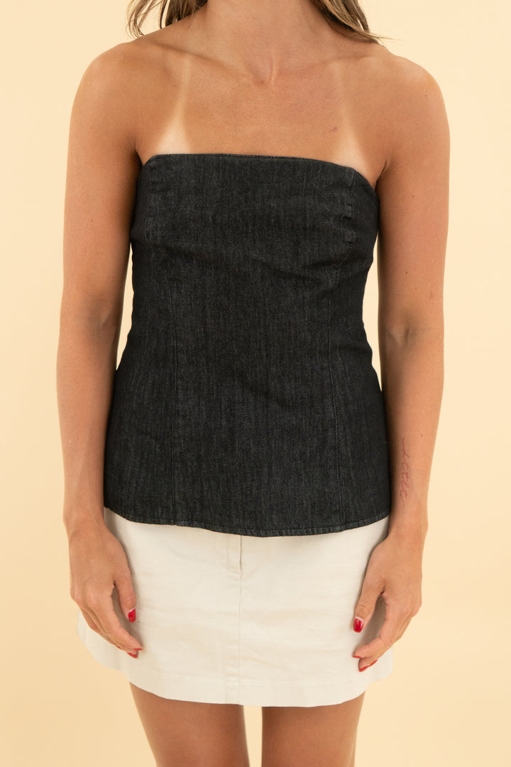zara black strapless denim top (m)