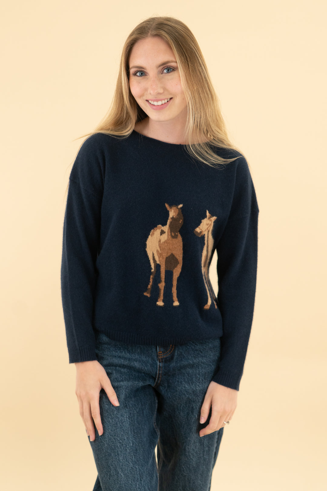 maeve navy cashmere horse print sweater (xs)