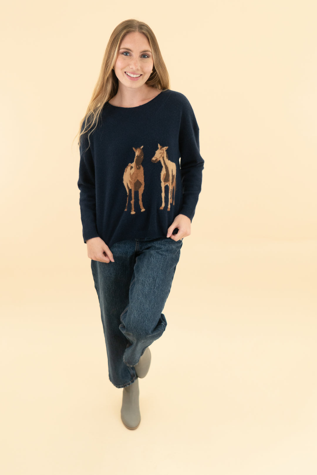 maeve navy cashmere horse print sweater (xs)