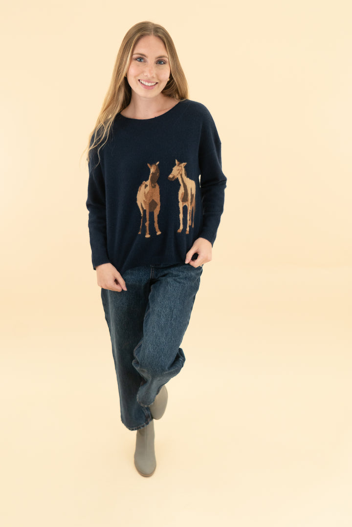 maeve navy cashmere horse print sweater (xs)