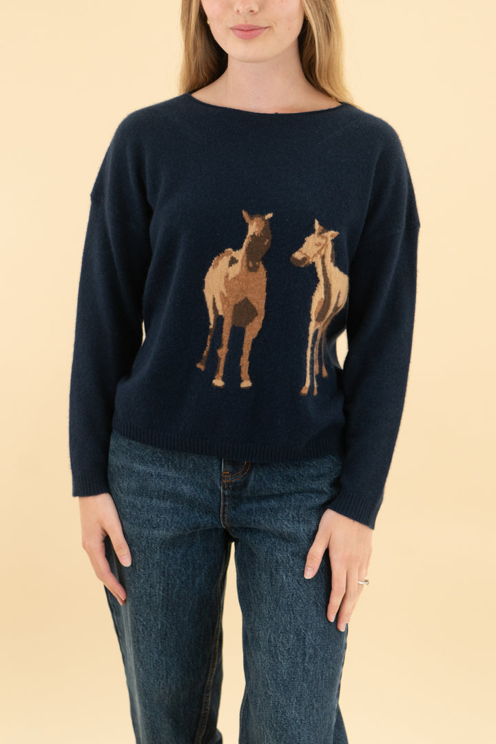 maeve navy cashmere horse print sweater (xs)
