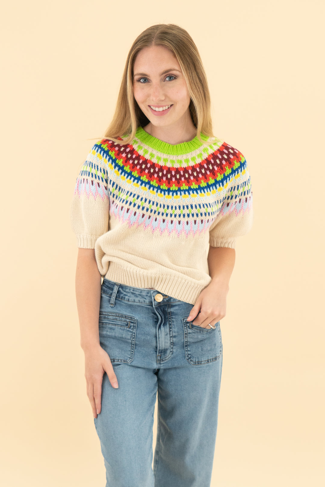 boden cream/colorful knit 3/4 sleeve knit top (xs)