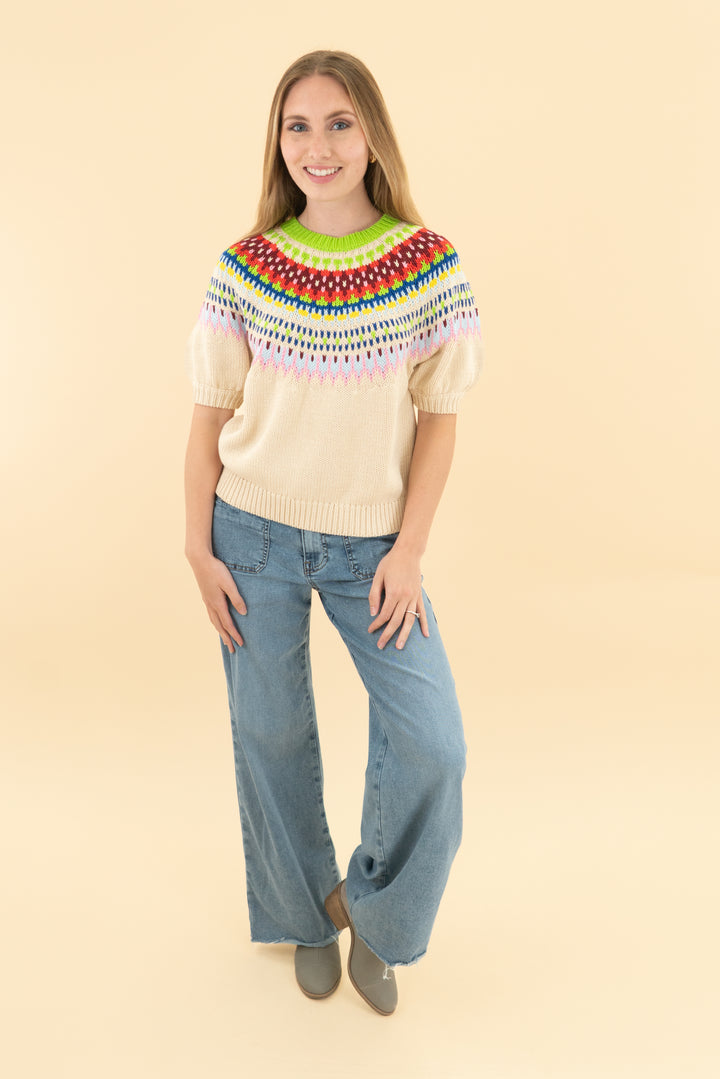 boden cream/colorful knit 3/4 sleeve knit top (xs)
