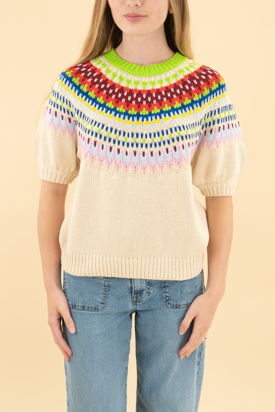 boden cream/colorful knit 3/4 sleeve knit top (xs)