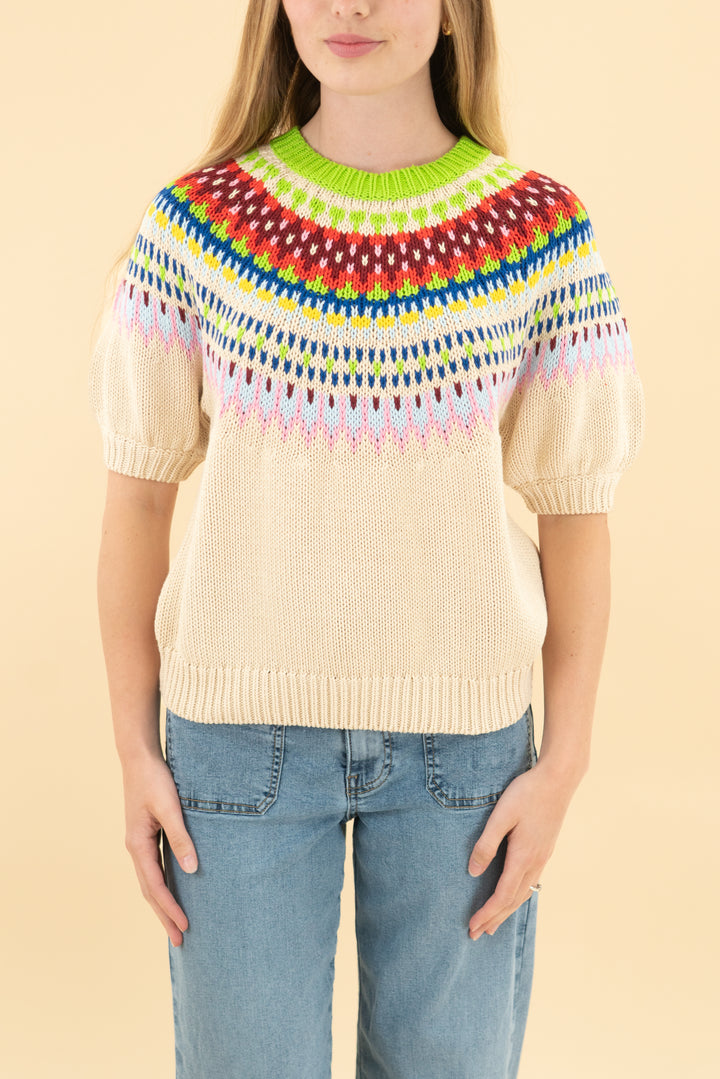 boden cream/colorful knit 3/4 sleeve knit top (xs)