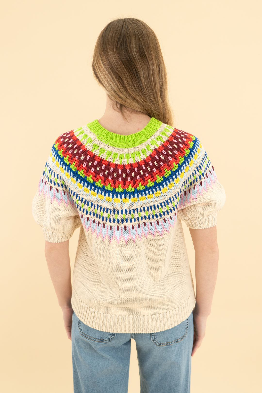 boden cream/colorful knit 3/4 sleeve knit top (xs)