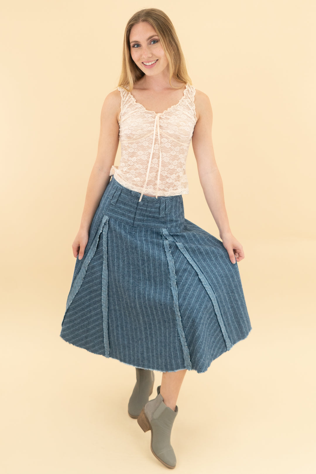 free people denim pin stripe midi skirt nwt (0; retail $148)