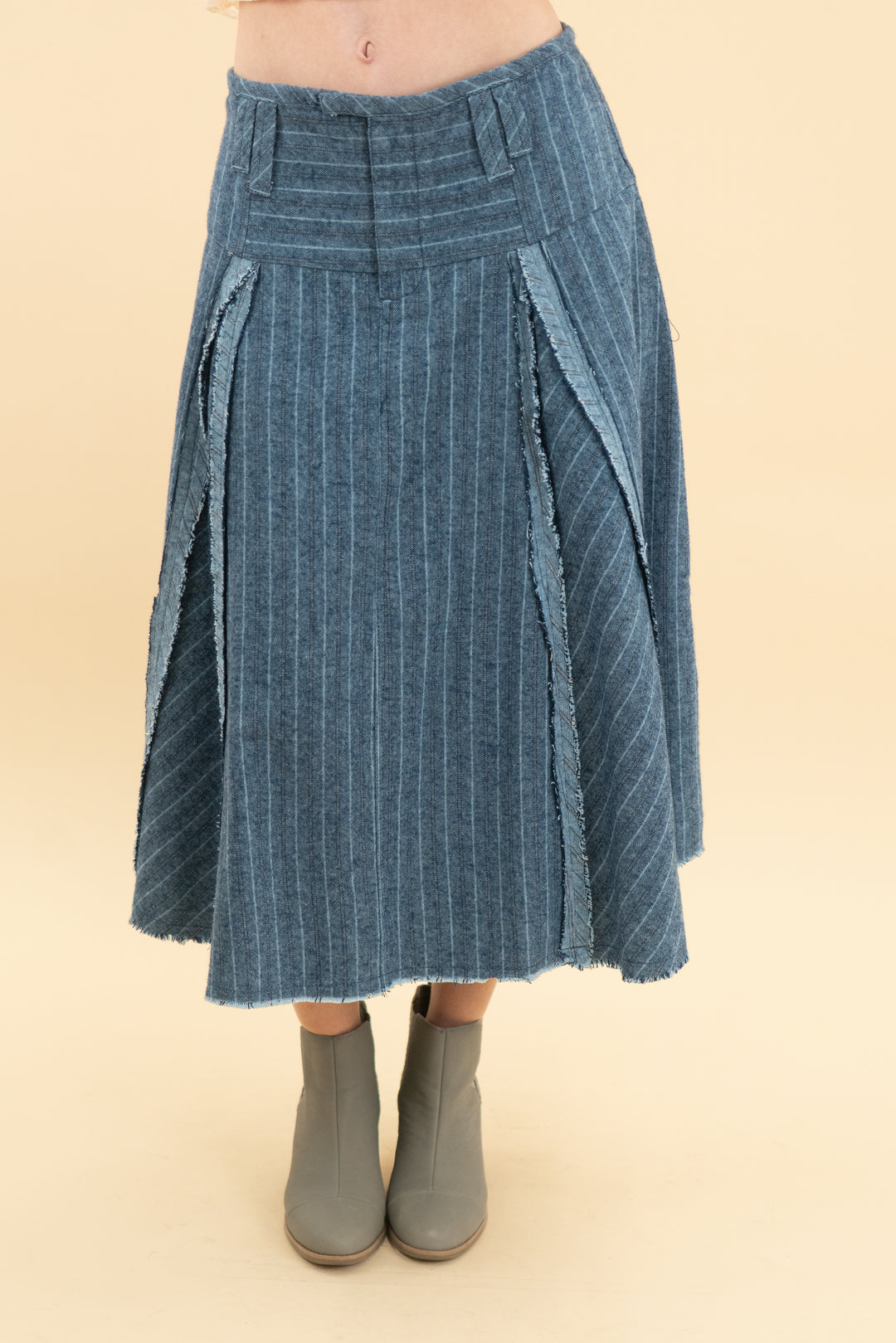free people denim pin stripe midi skirt nwt (0; retail $148)