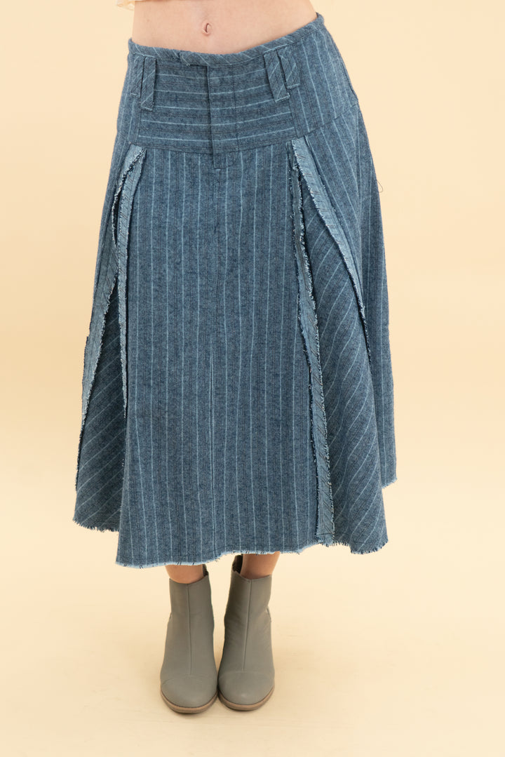 free people denim pin stripe midi skirt nwt (0; retail $148)