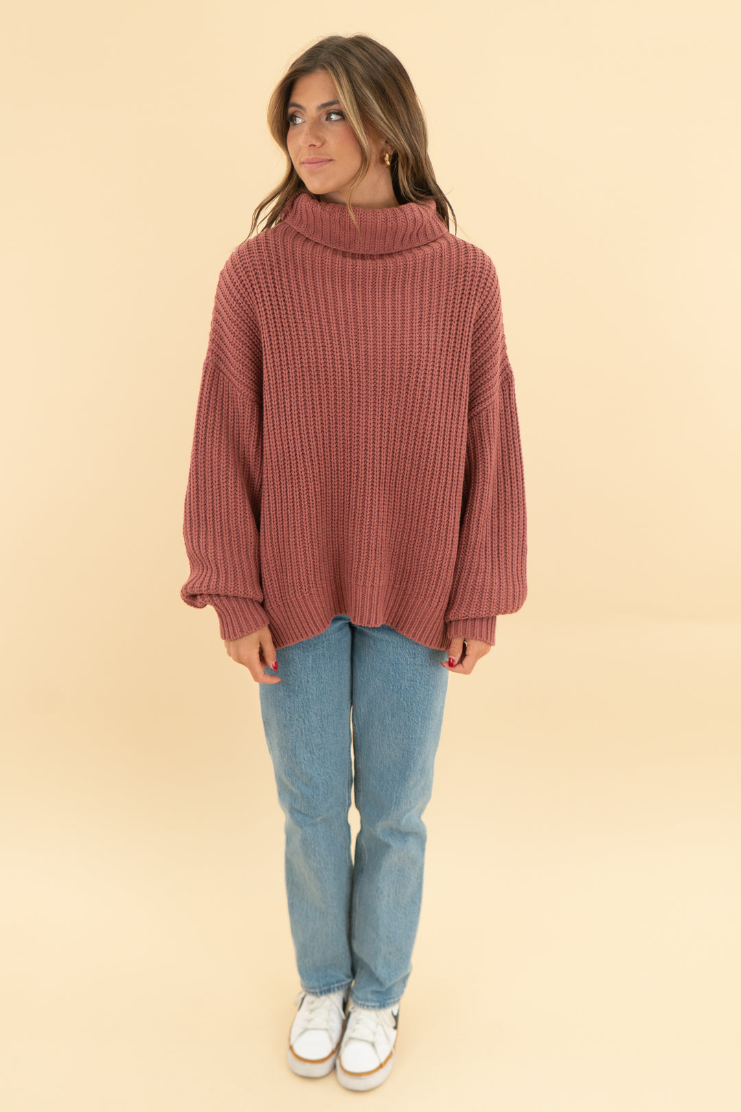 free people dusty mauve turtleneck oversized sweater (xs)
