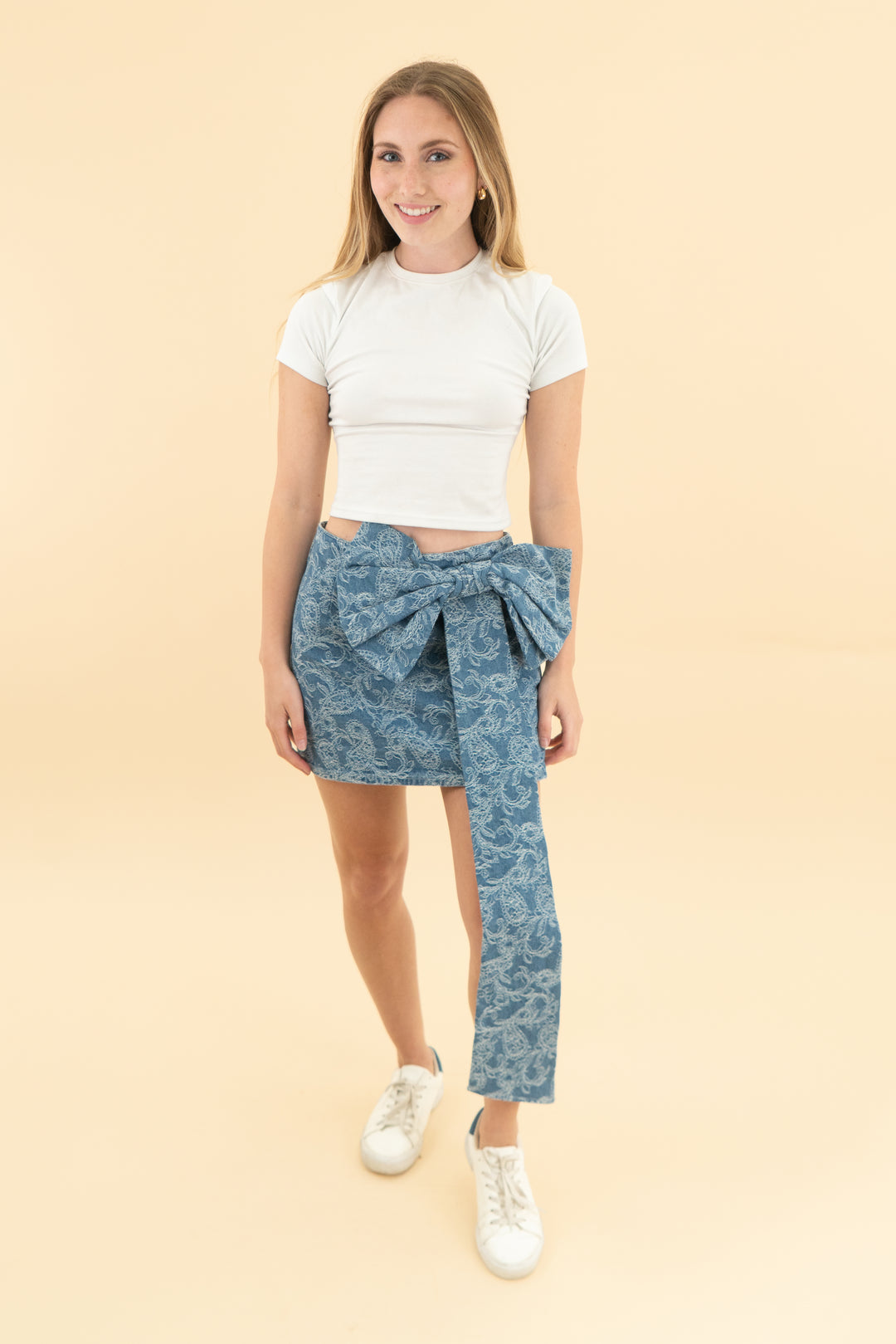 avec les filles paisley embroidered denim bow skirt nwt (0; retail $128)