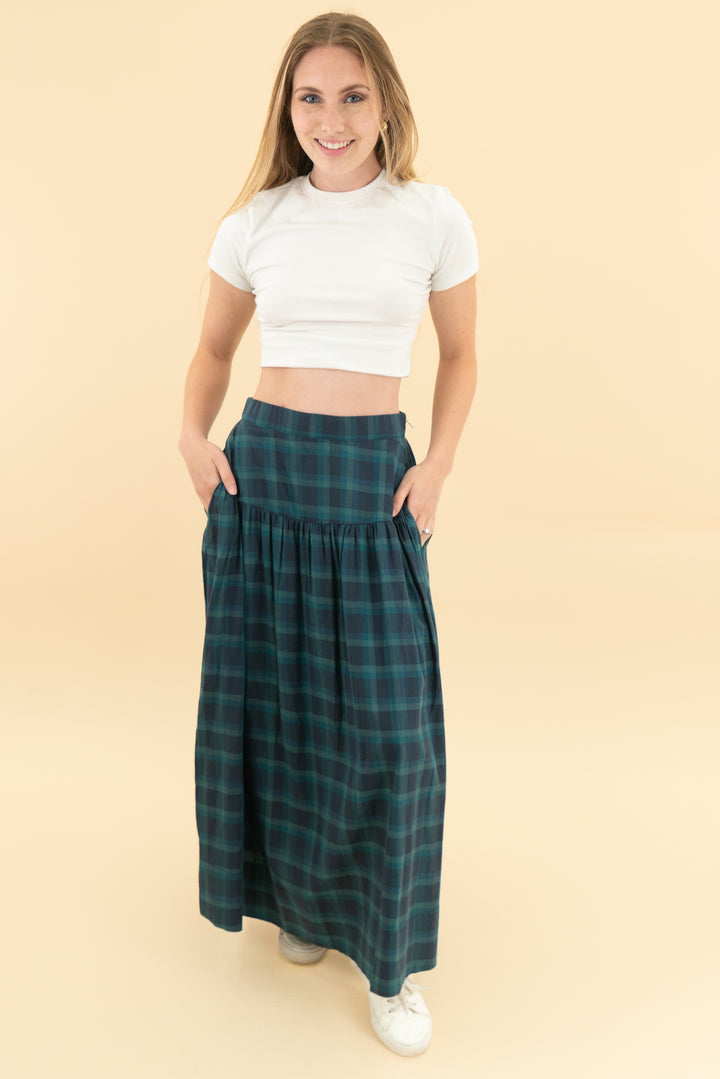 birds of paradis blue/green plaid maxi skirt nwt (xs)