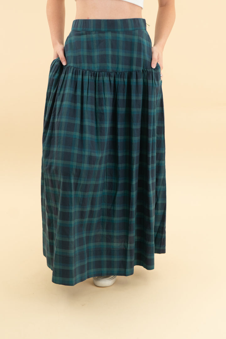 birds of paradis blue/green plaid maxi skirt nwt (xs)