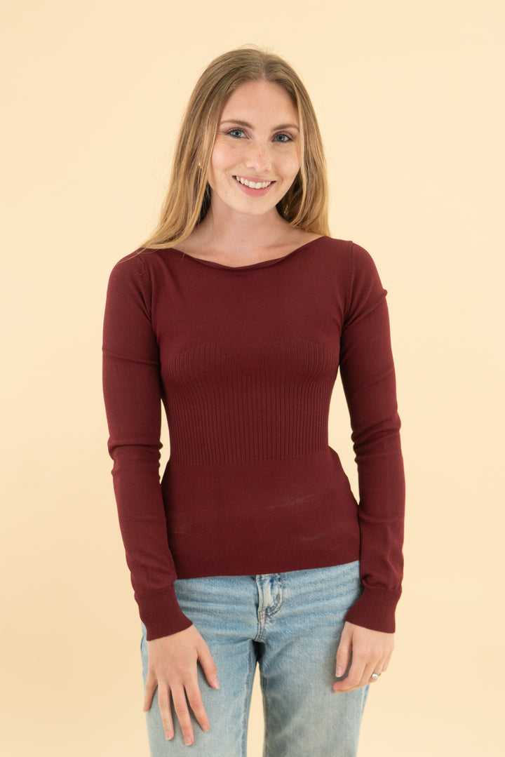 who what wear maroon long sleeve knit peplum top (xs)