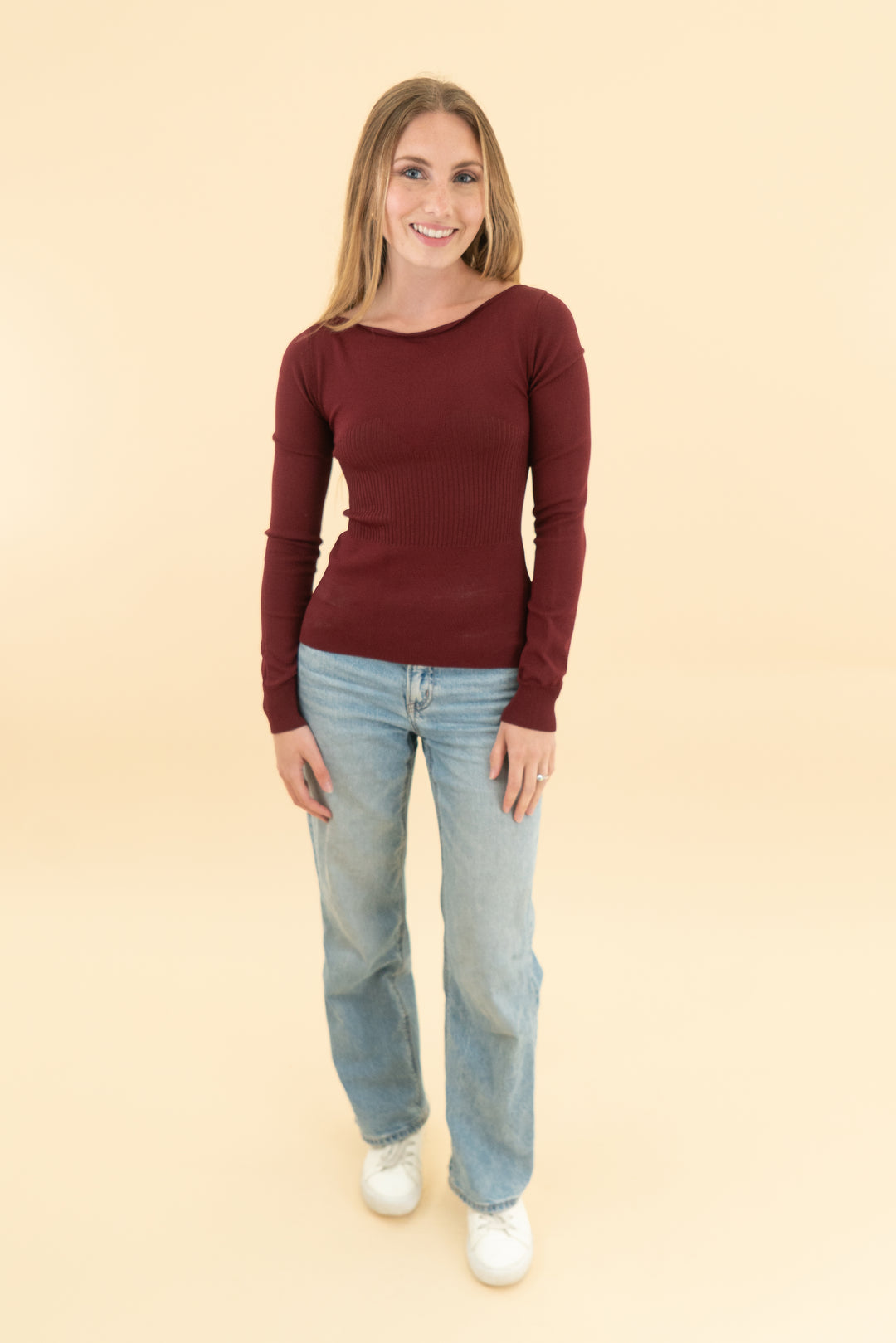 who what wear maroon long sleeve knit peplum top (xs)