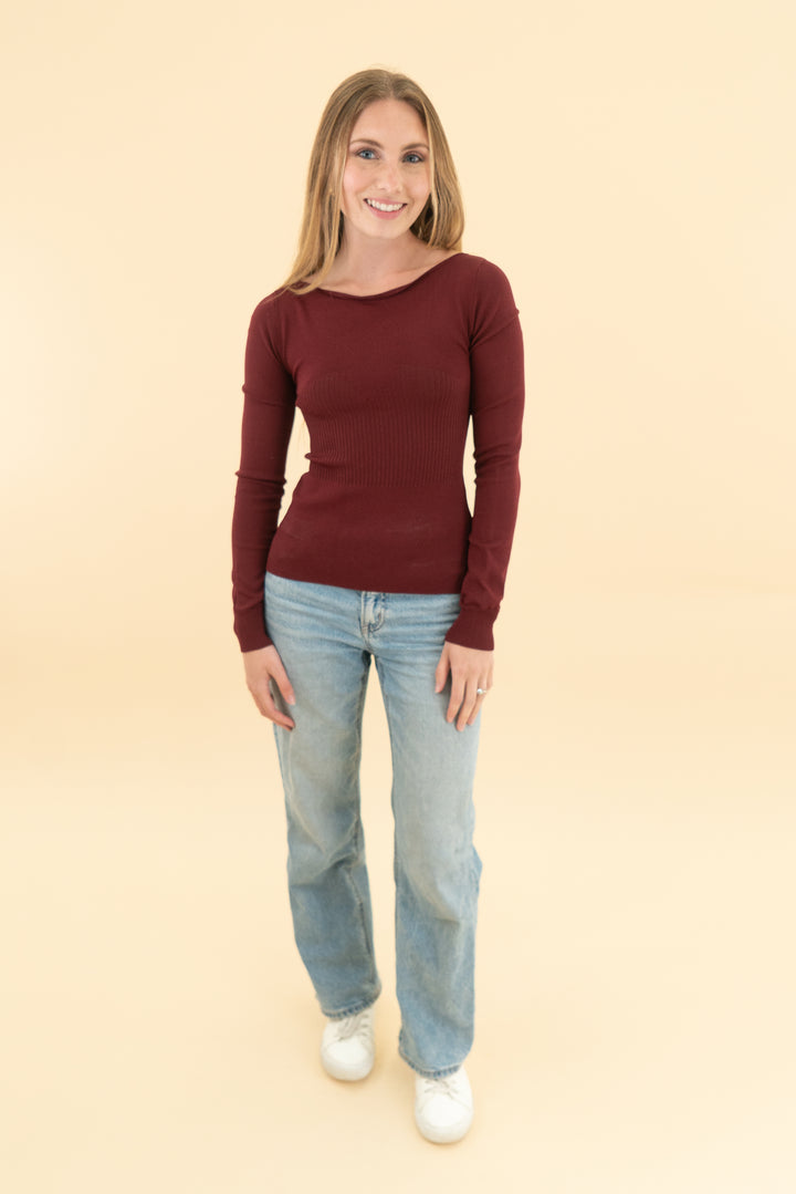 who what wear maroon long sleeve knit peplum top (xs)