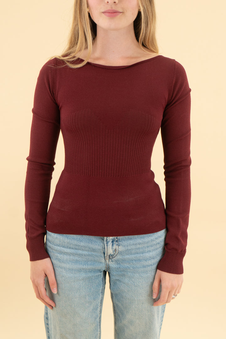 who what wear maroon long sleeve knit peplum top (xs)