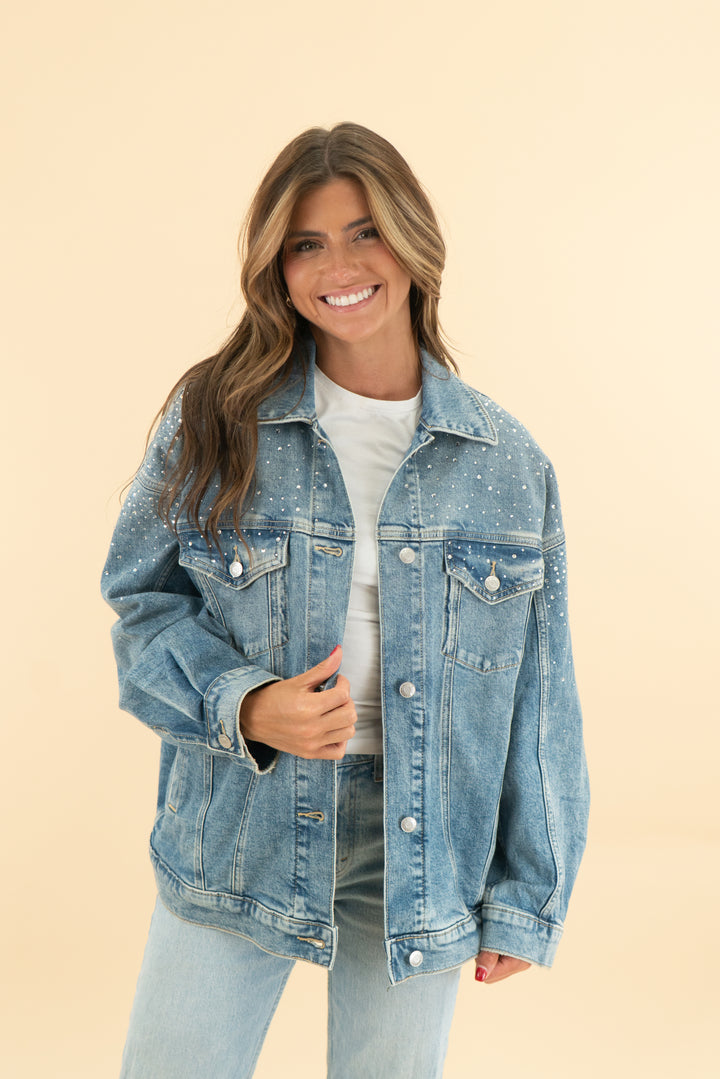 pink victoria's secret oversized rhinestone embellished denim jacket nwt (s; retail $119.95)