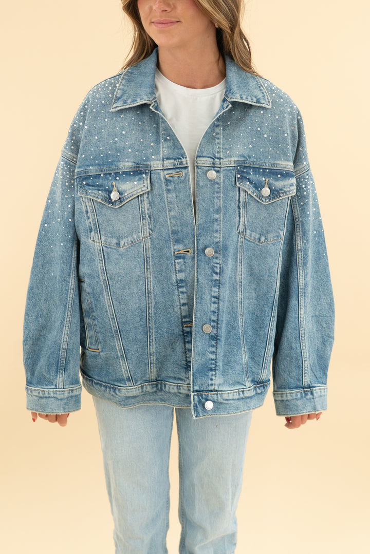 pink victoria's secret oversized rhinestone embellished denim jacket nwt (s; retail $119.95)