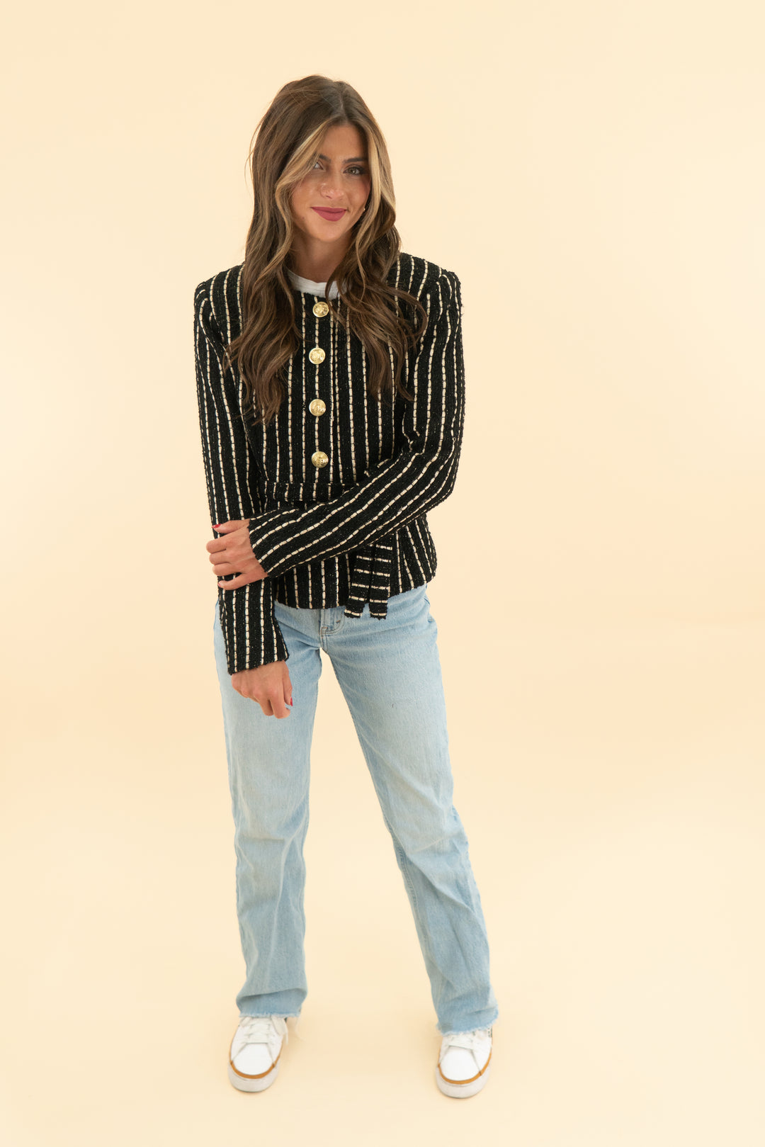 alexa admore black woven gold pinstripe jacket nwt (2)