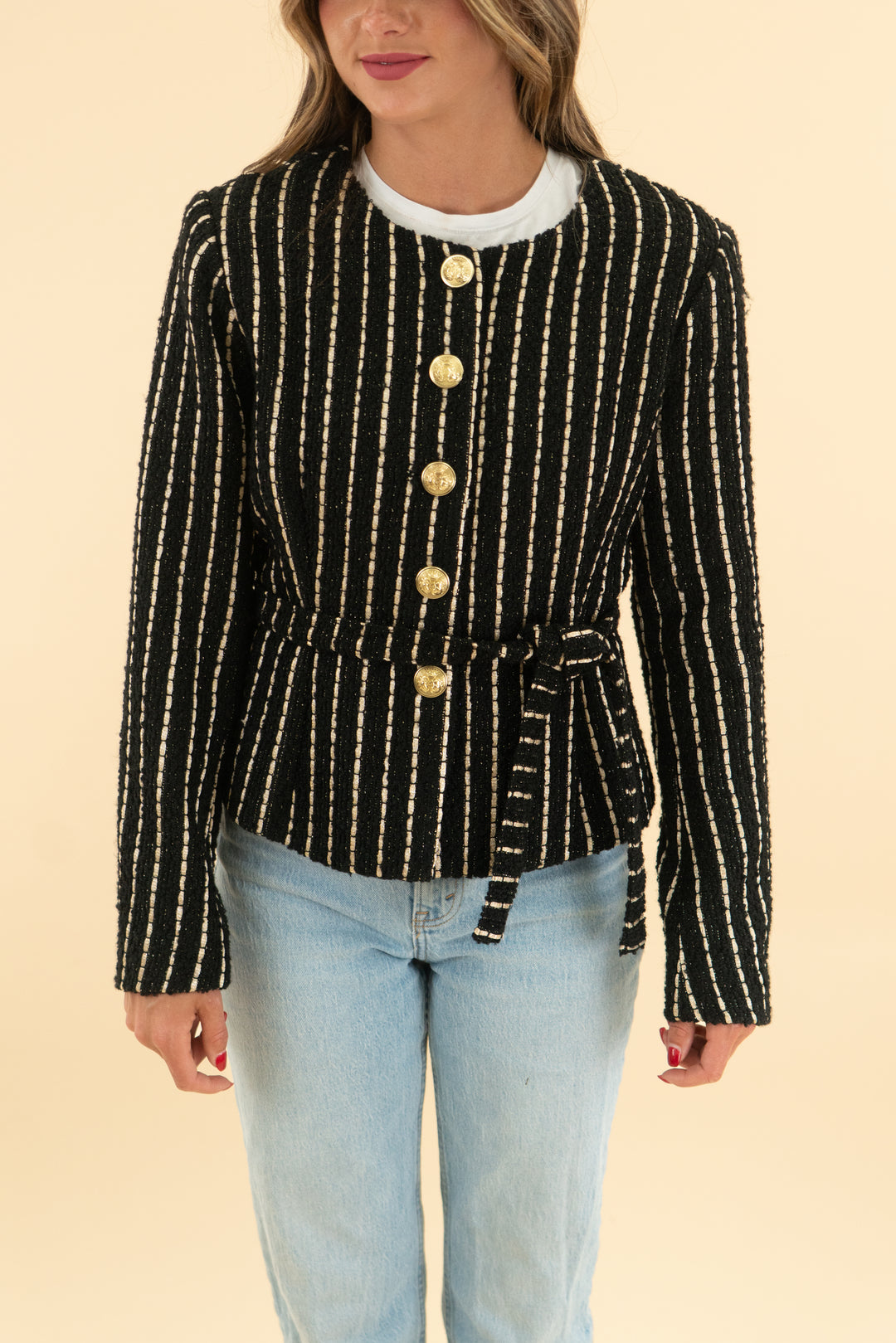 alexa admore black woven gold pinstripe jacket nwt (2)