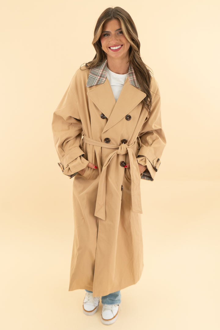 maeve khaki houndstooth trim trench coat (xs)