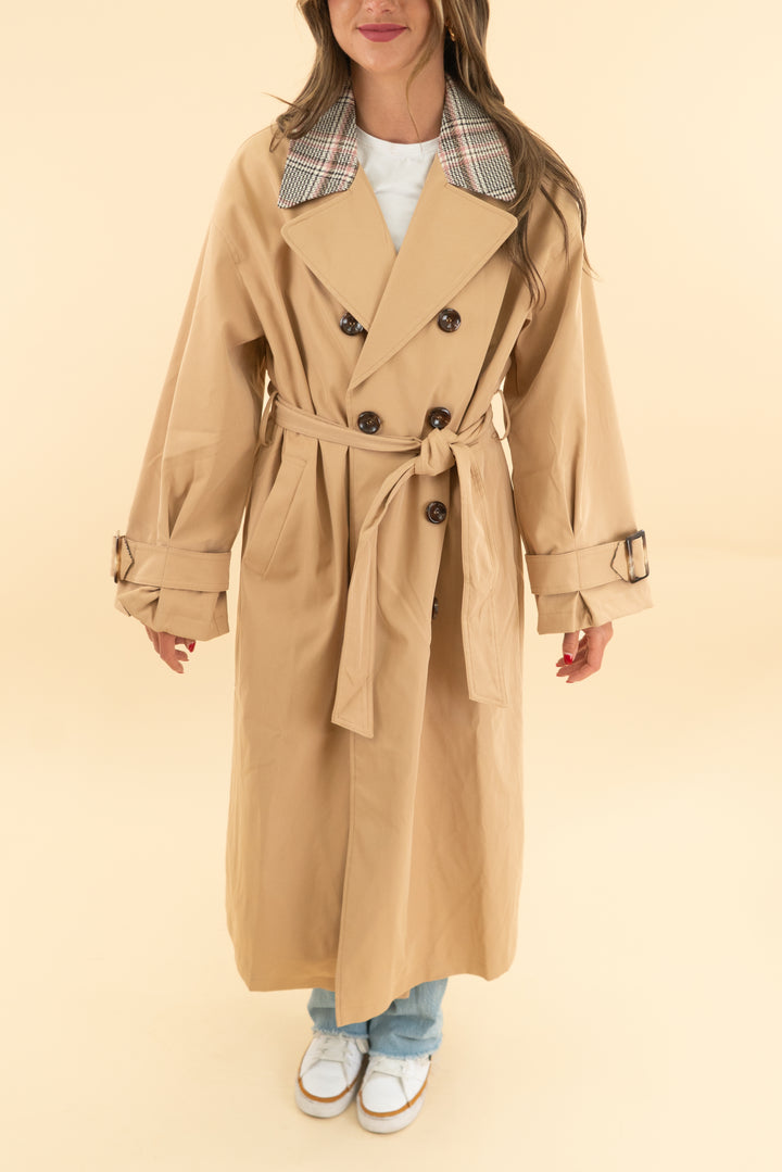 maeve khaki houndstooth trim trench coat (xs)