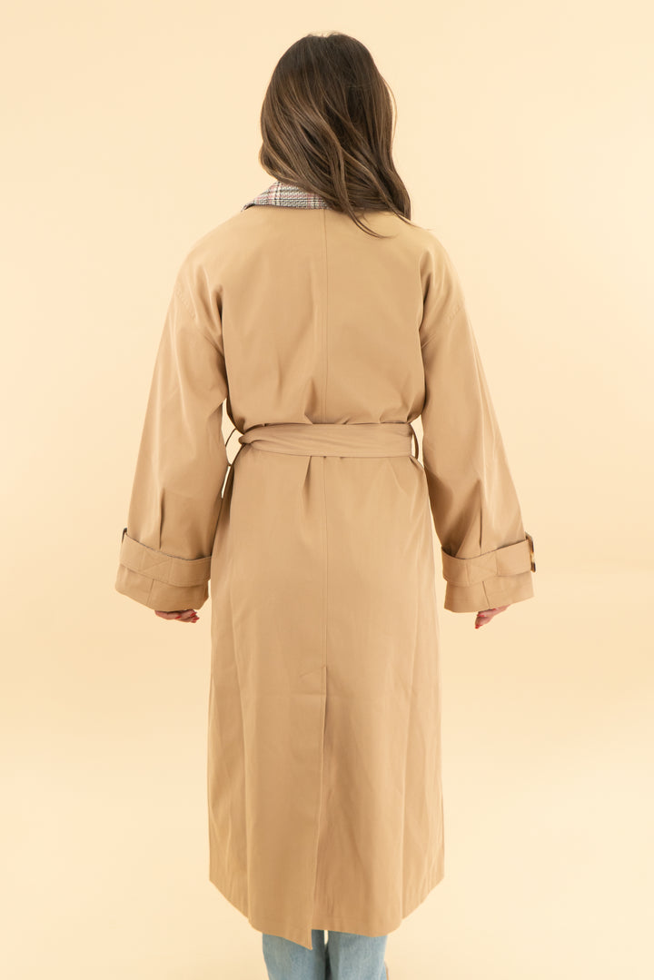 maeve khaki houndstooth trim trench coat (xs)