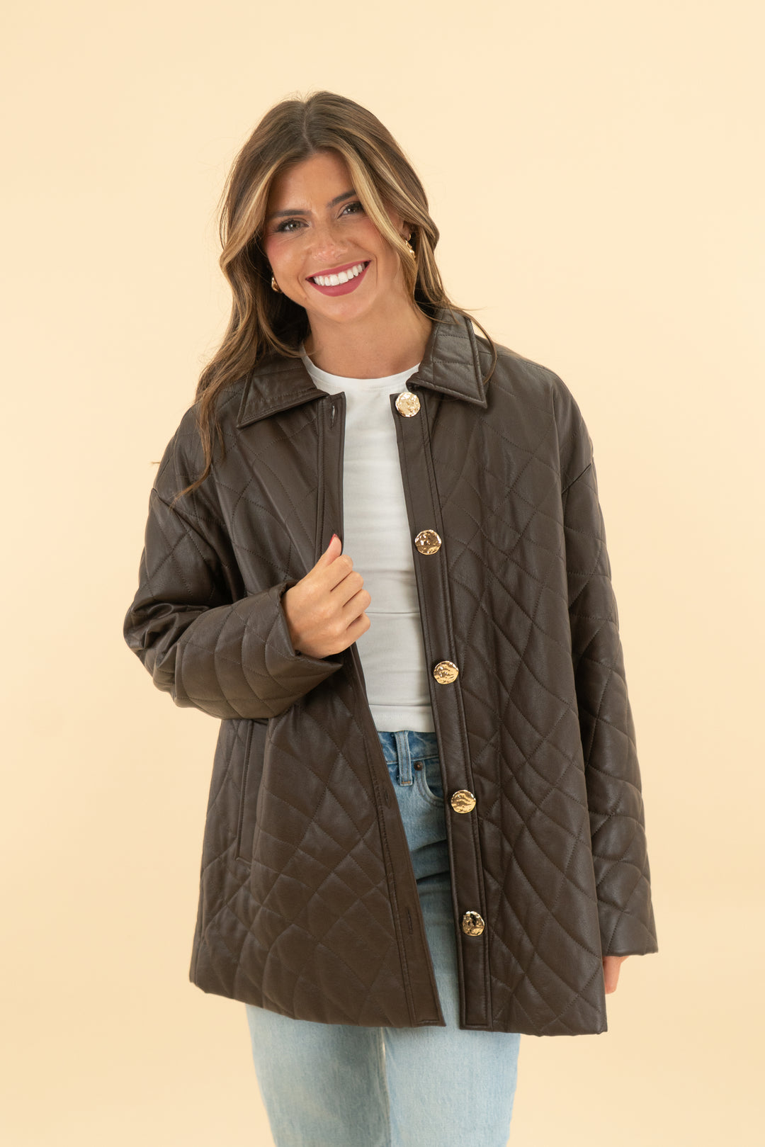 who what wear brown quilted vegan leather jacket (xs)