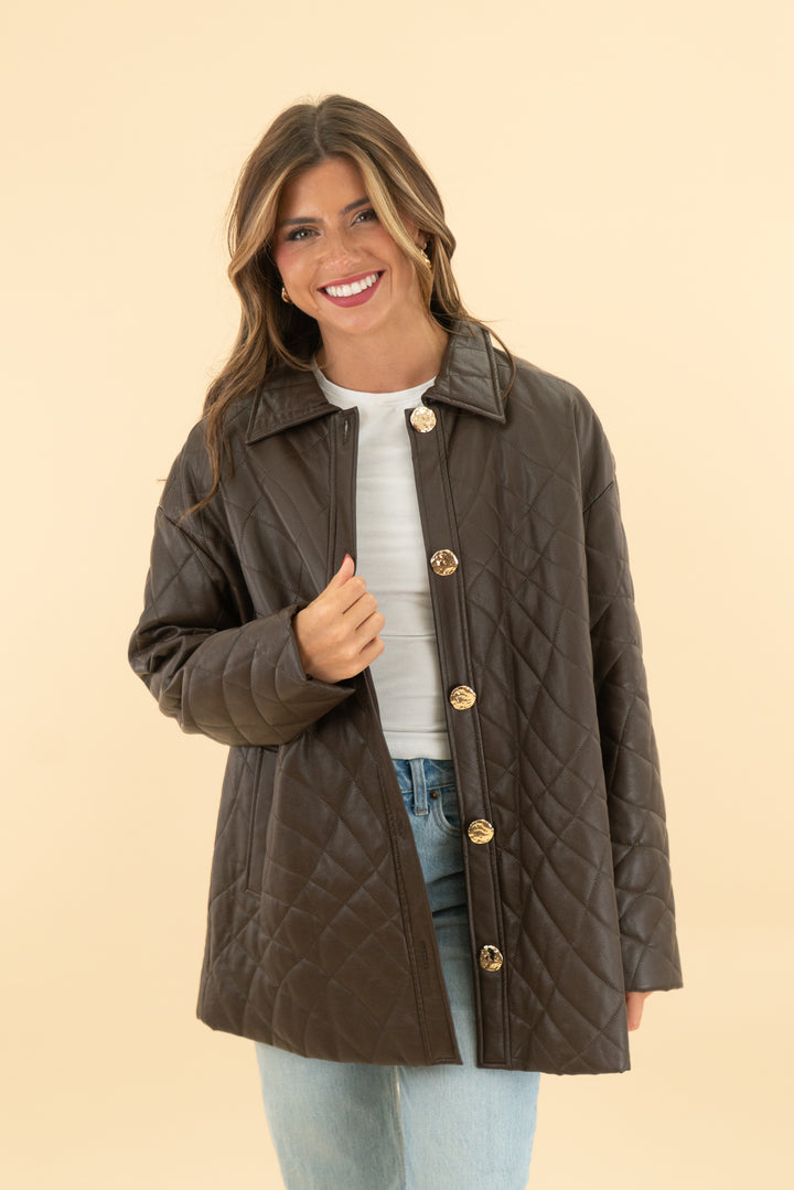who what wear brown quilted vegan leather jacket (xs)