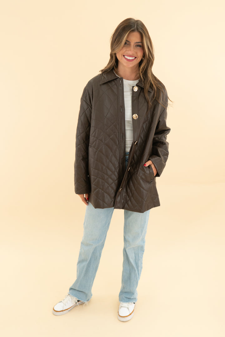 who what wear brown quilted vegan leather jacket (xs)