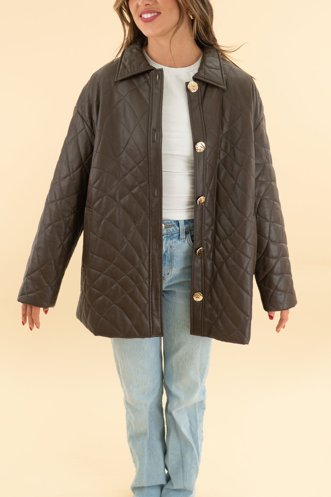 who what wear brown quilted vegan leather jacket (xs)