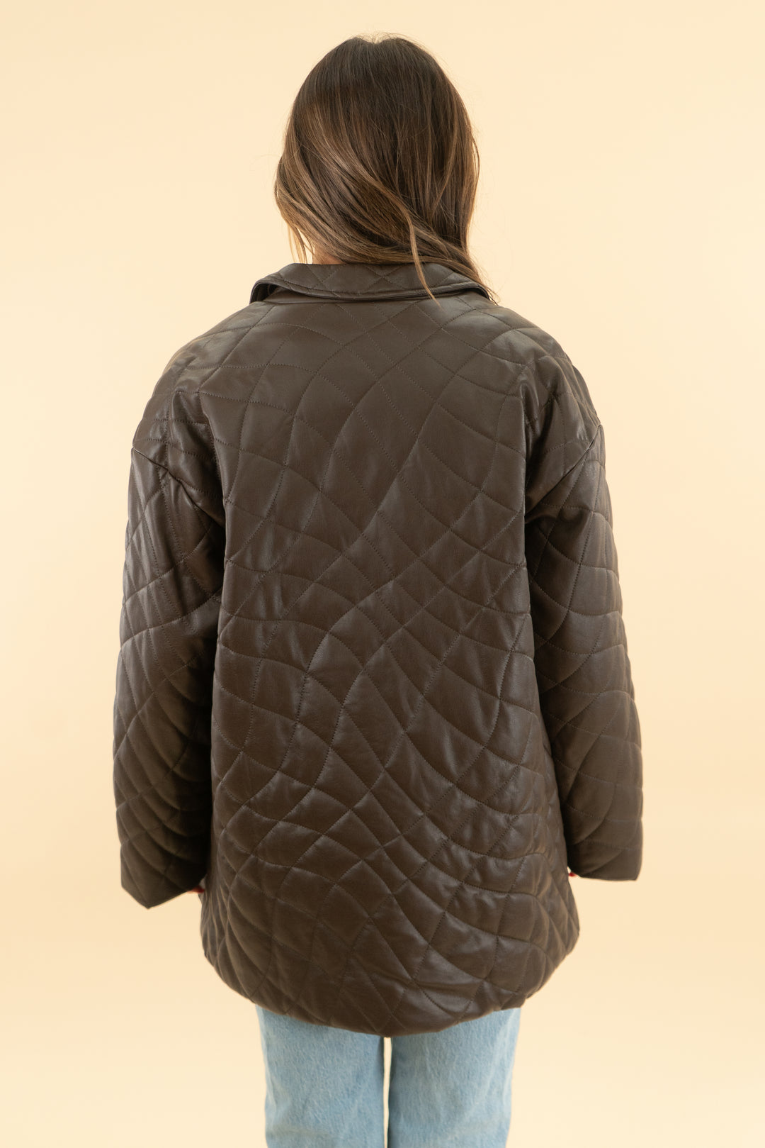 who what wear brown quilted vegan leather jacket (xs)