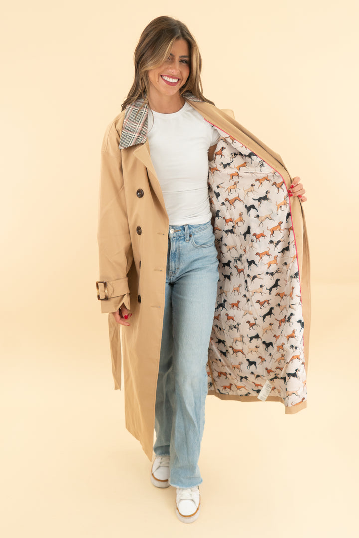 maeve khaki houndstooth trim trench coat (xs)