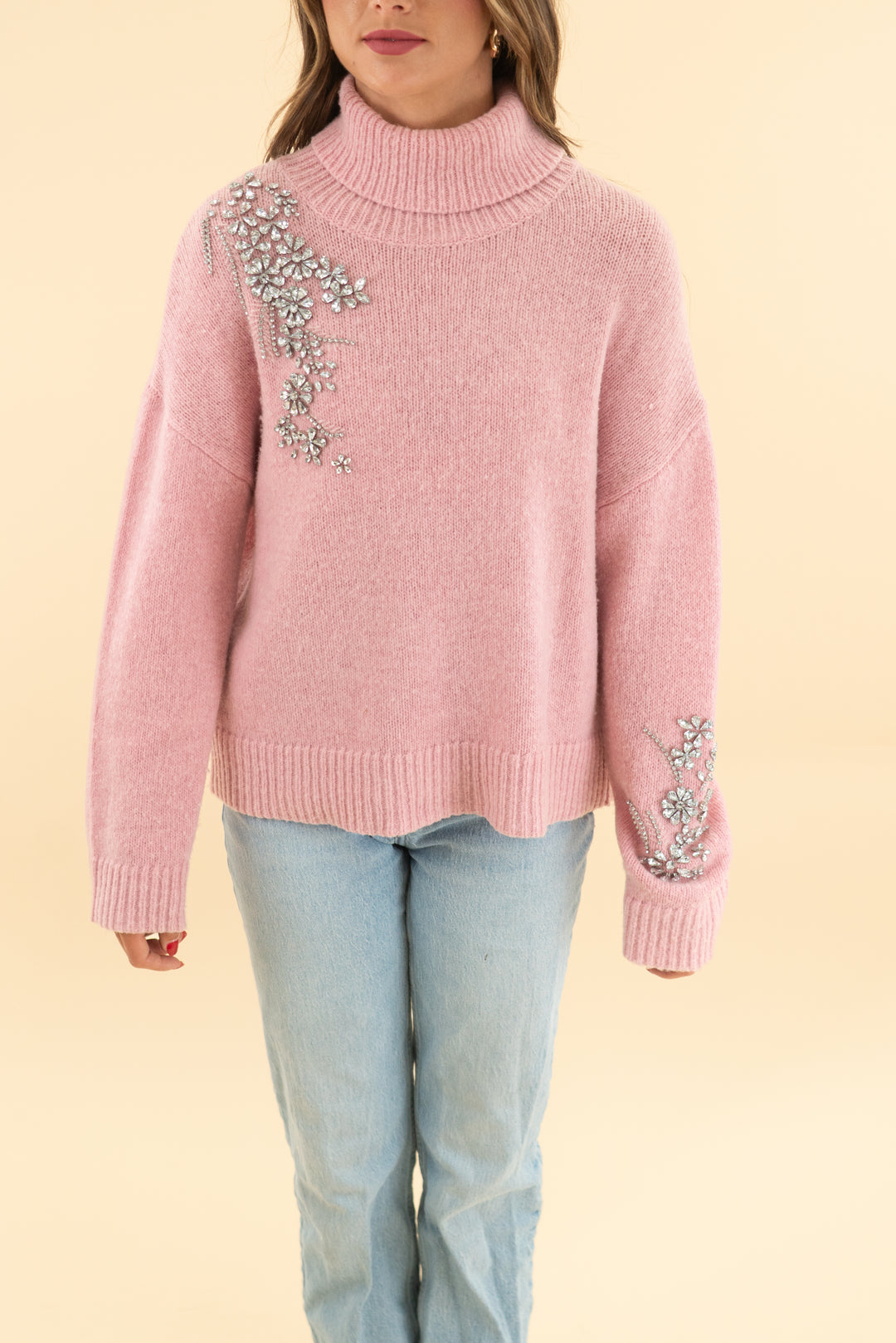 cinq a sept pink rhinestone sweater (xs)
