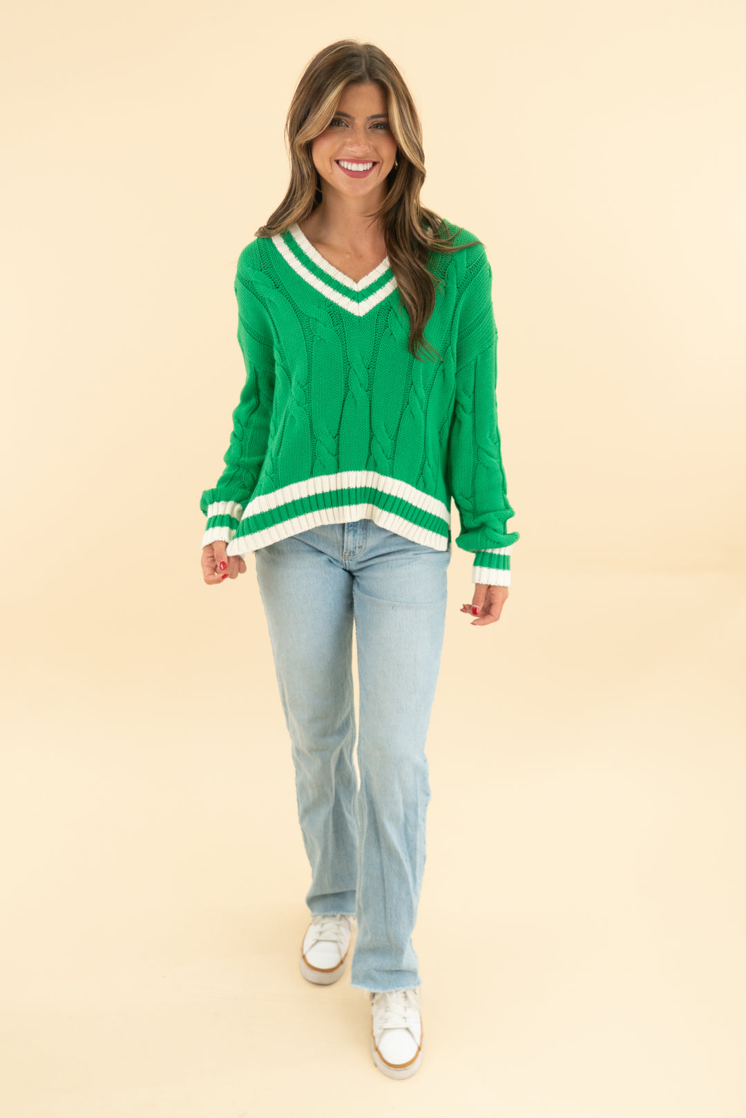 aerie kelly green knit v neck varsity sweater nwt (xs; retail $54.95)