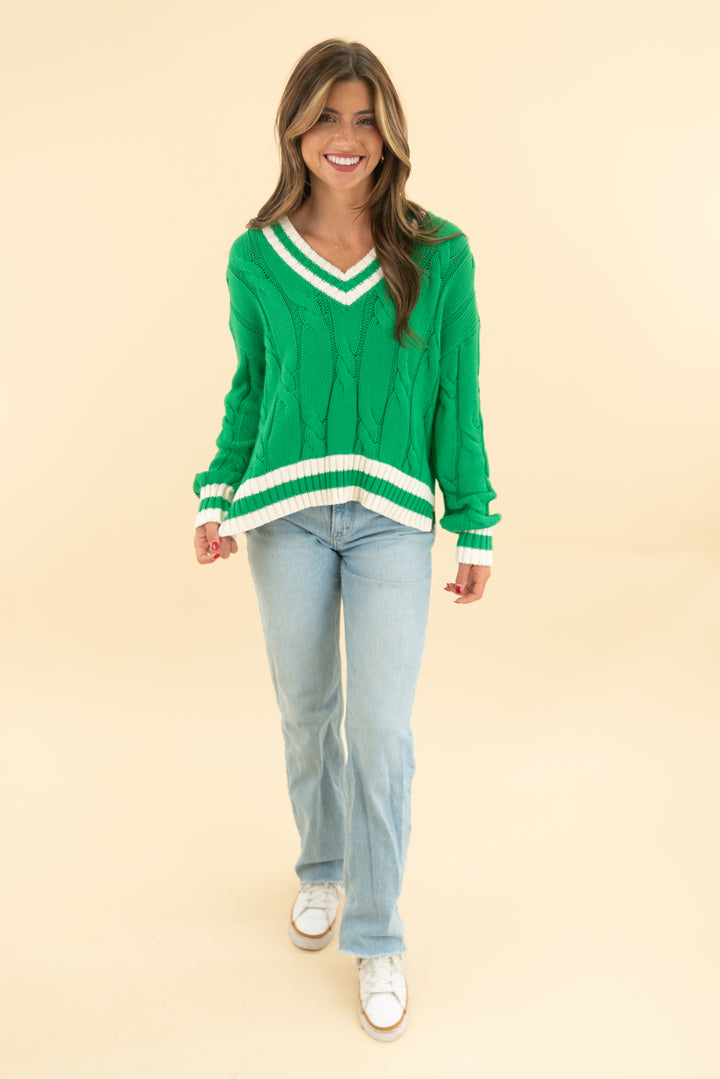 aerie kelly green knit v neck varsity sweater nwt (xs; retail $54.95)