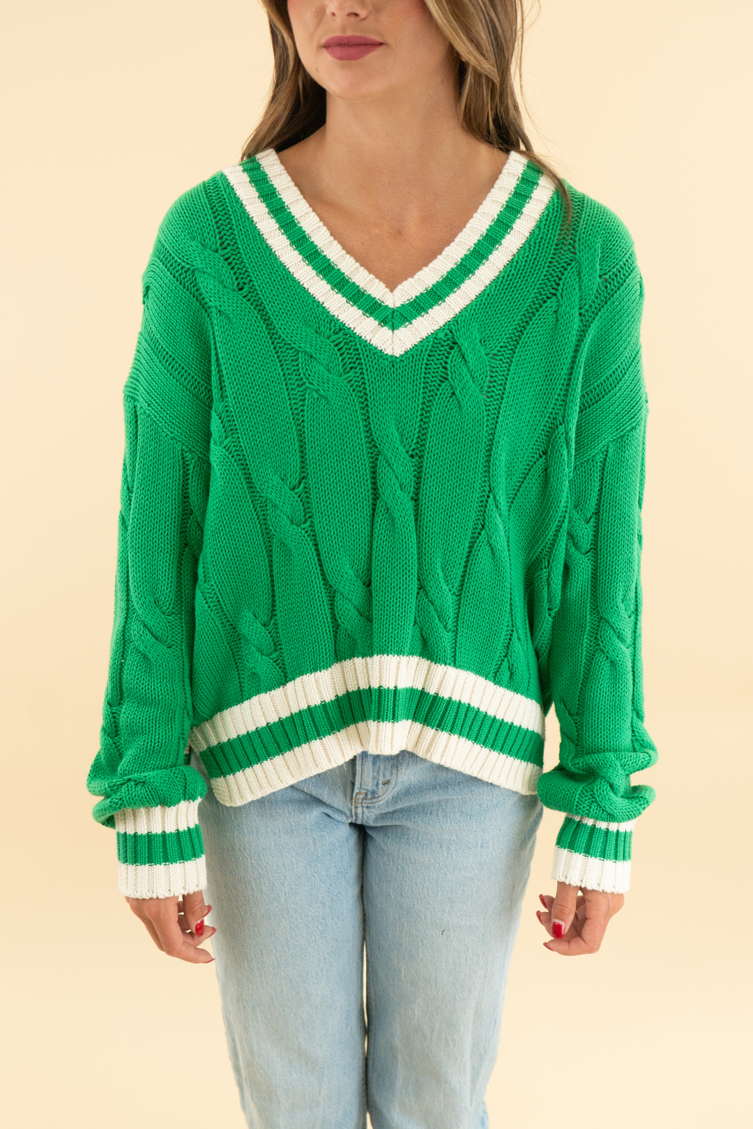 aerie kelly green knit v neck varsity sweater nwt (xs; retail $54.95)