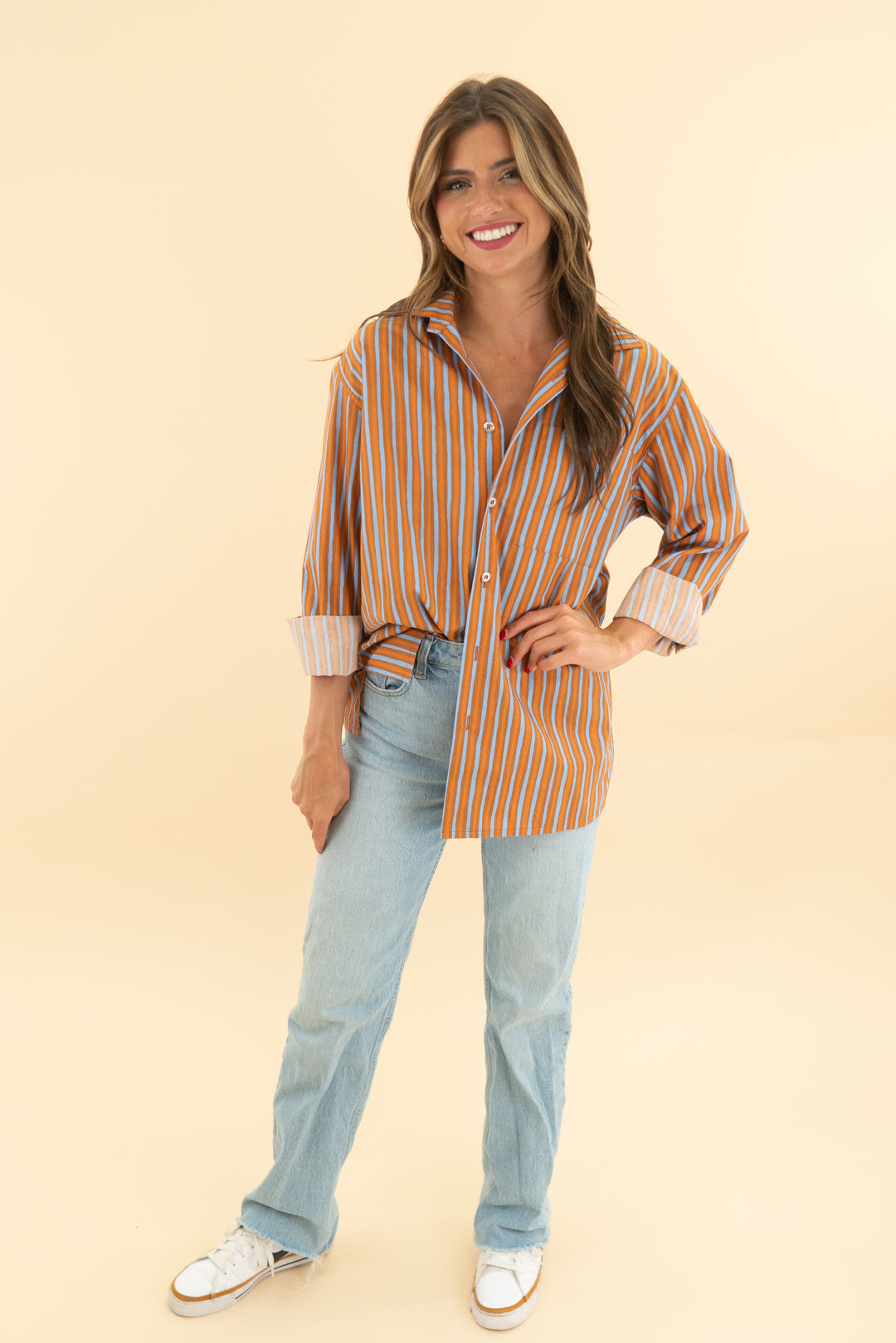 marimekko kioski orange/blue pinstripe button up top (xs)