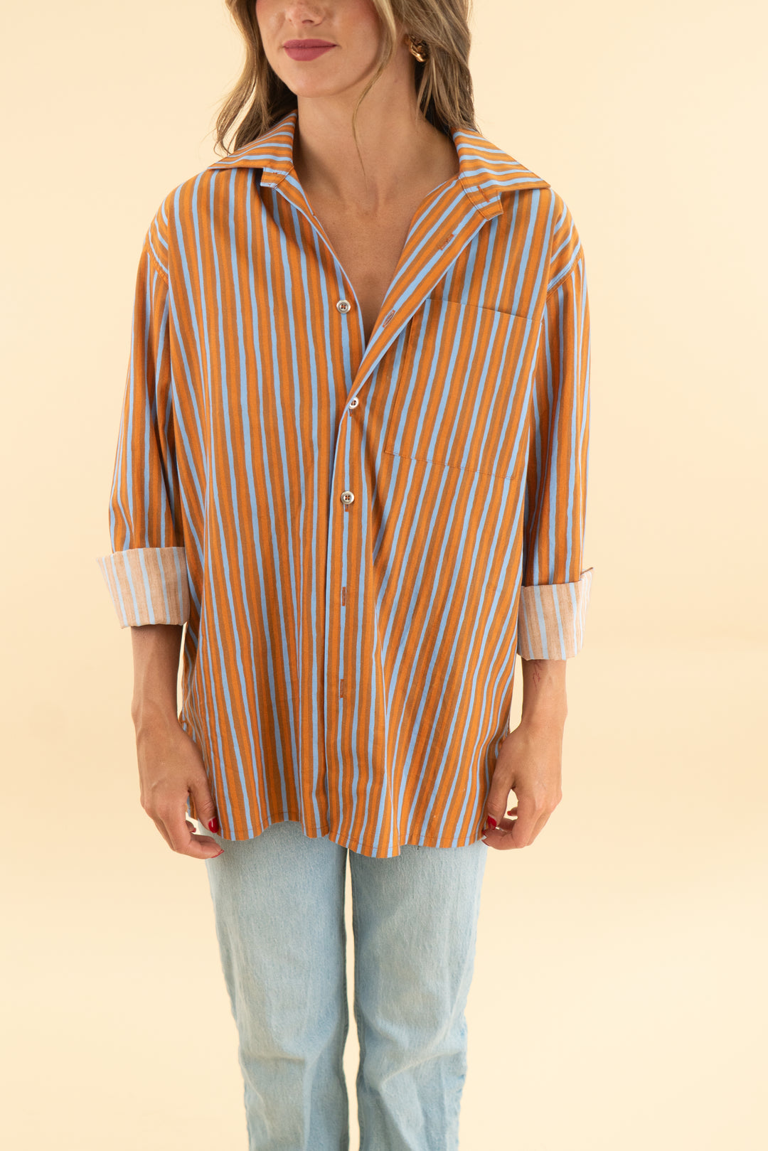 marimekko kioski orange/blue pinstripe button up top (xs)