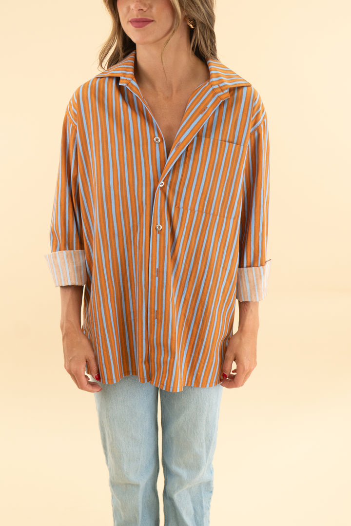 marimekko kioski orange/blue pinstripe button up top (xs)