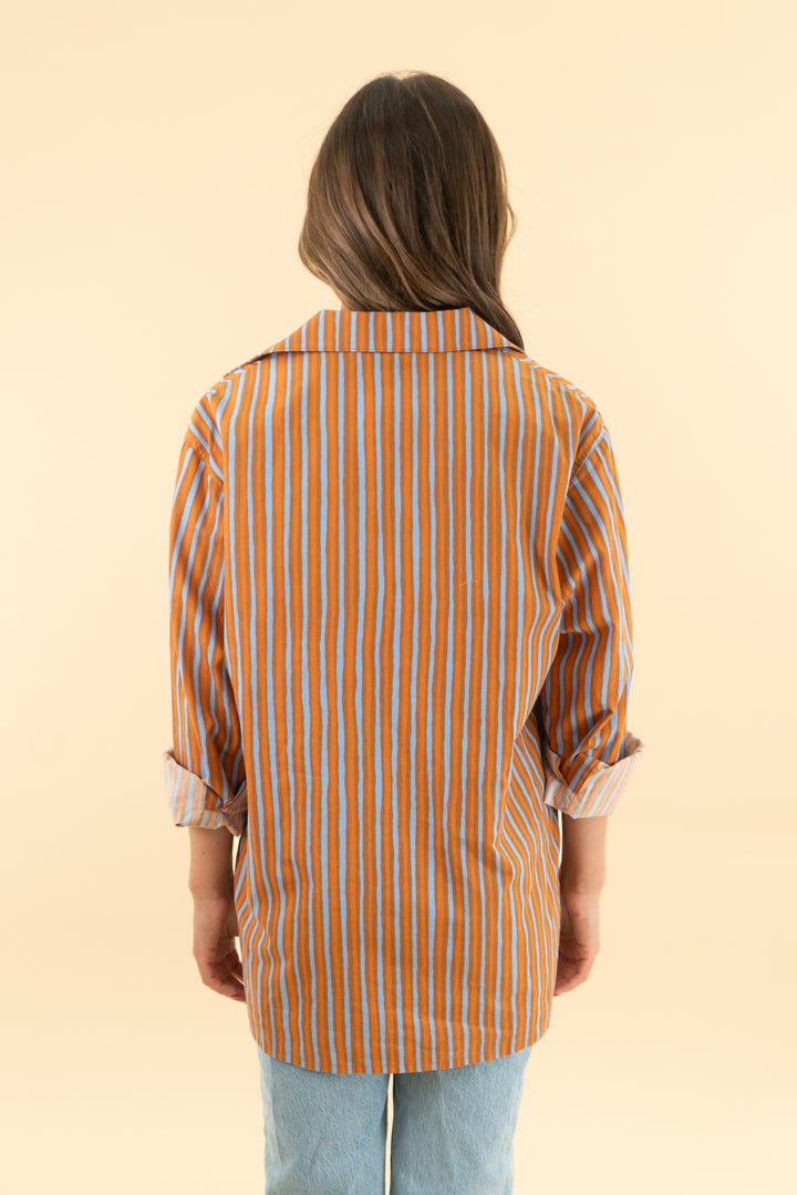 marimekko kioski orange/blue pinstripe button up top (xs)